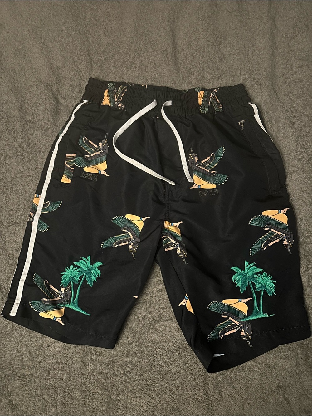 Billionaire Boys Club Black Swim Shorts with Green Palm & Yellow Surf Motif